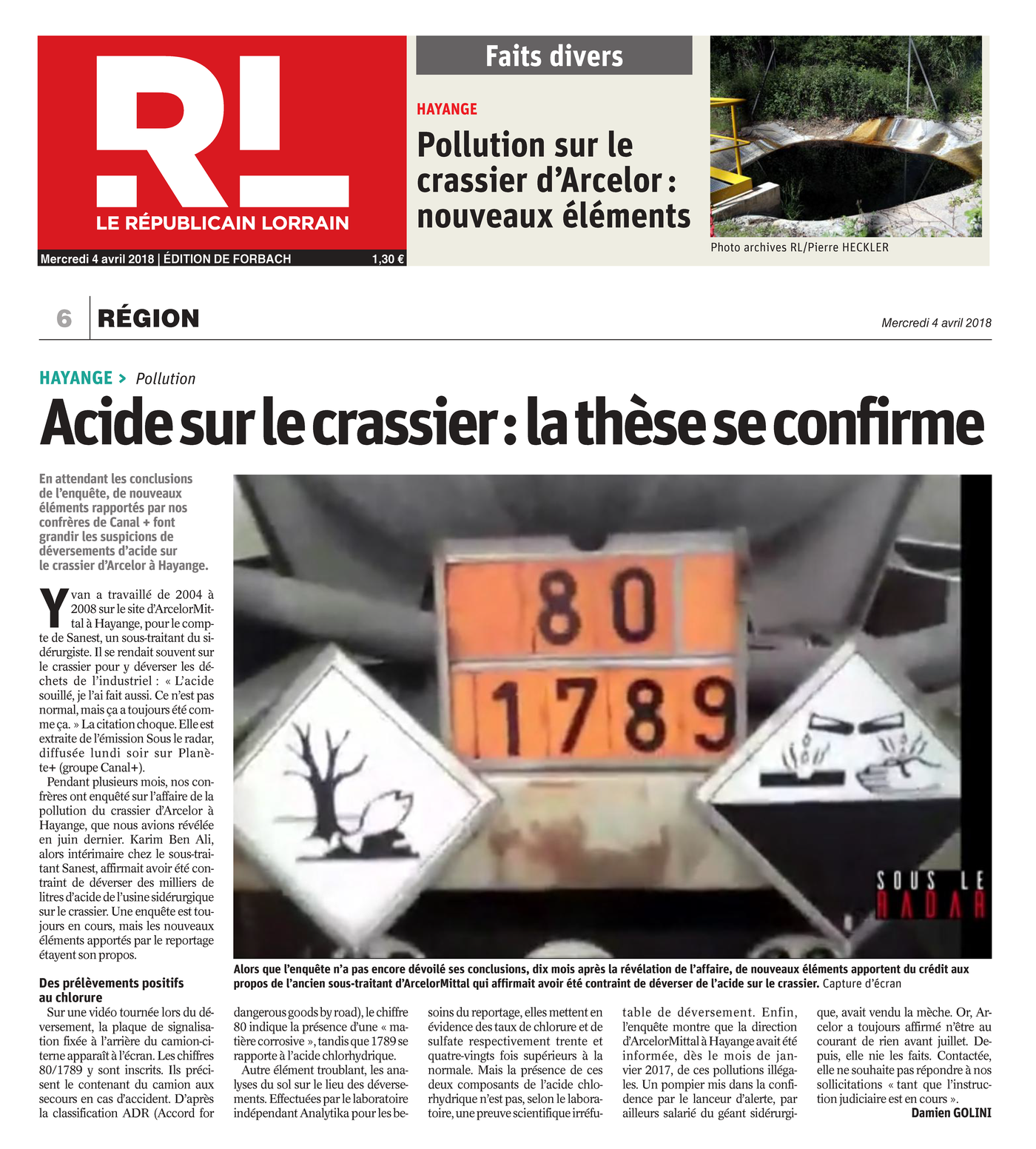04.04.2018 > LE RÉPUBLICAIN LORRAIN : "Acide sur le crassier d'Hayange : la thèse se confirme"