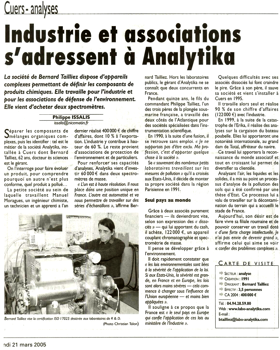 21.03.2005 > VAR MATIN : "Industries et associations s'adressent à Analytika"