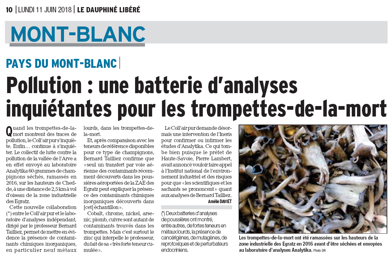 11.06.2018 > LE DAUPHINÉ LIBÉRÉ : "Pollution : une batterie d’analyses inquiétantes pour les trompettes-de-la-mort"