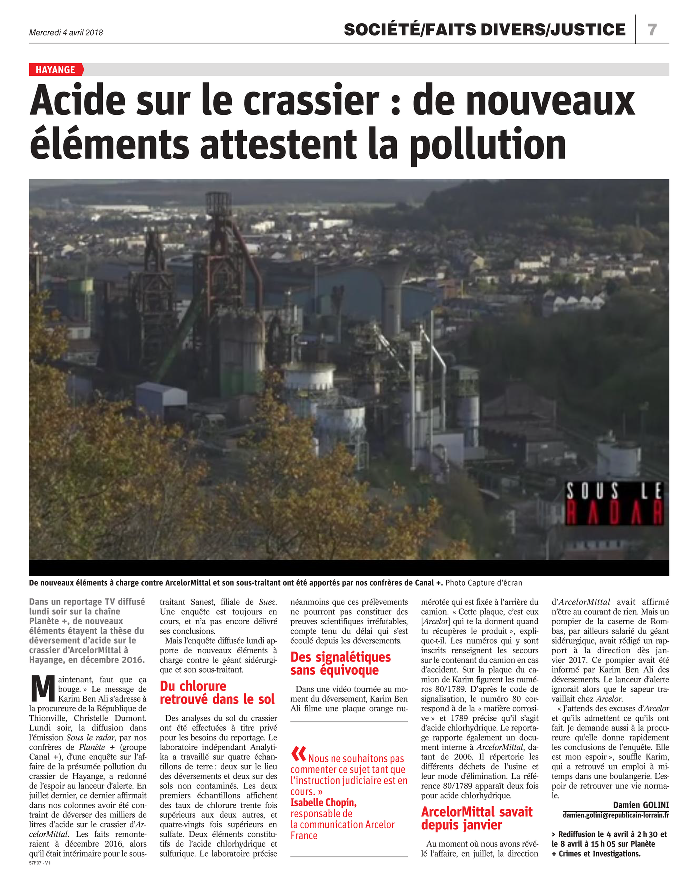 04.04.2018 > LE RÉPUBLICAIN LORRAIN : "Acide sur le crassier d'Hayange : de nouveaux éléments attestent la pollution"