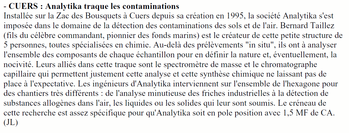 10.09.1999 > LA LETTRE DU BUSINESS : "Analytika traque les contaminations"
