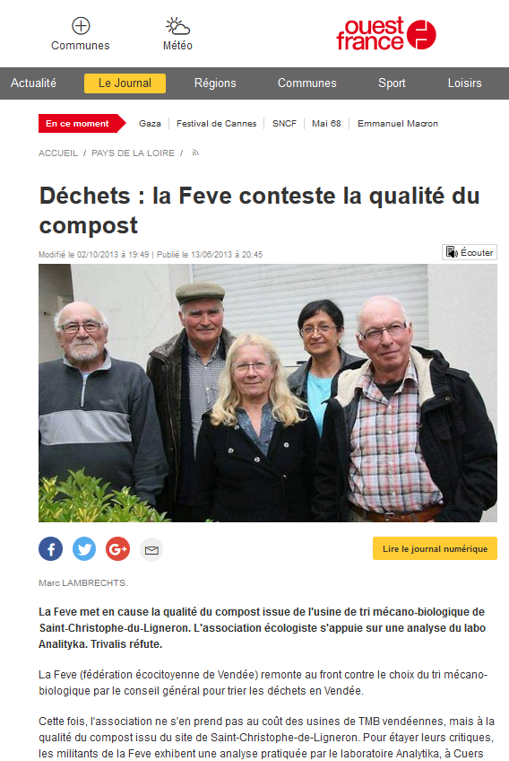 14.06.2013 > OUEST-FRANCE Pays de la Loire : "Déchets : La Feve conteste la qualité du compost Trivalis"