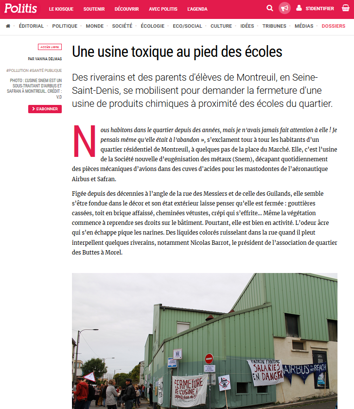 04.09.2017 > POLITIS : "Montreuil : Une usine toxique au pied des écoles"
