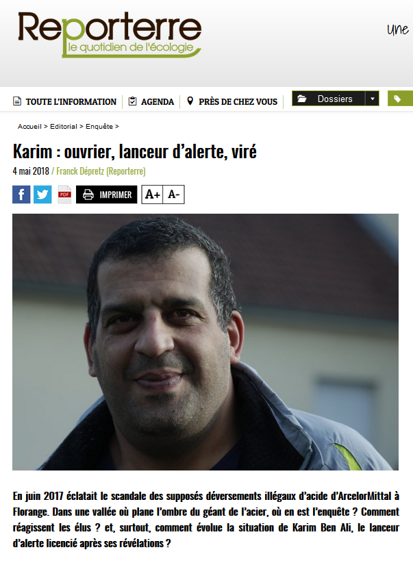 04.05.2018 > REPORTERRE : "Acide sur le crassier d'Hayange : Karim ouvrier, lanceur d’alerte, viré"