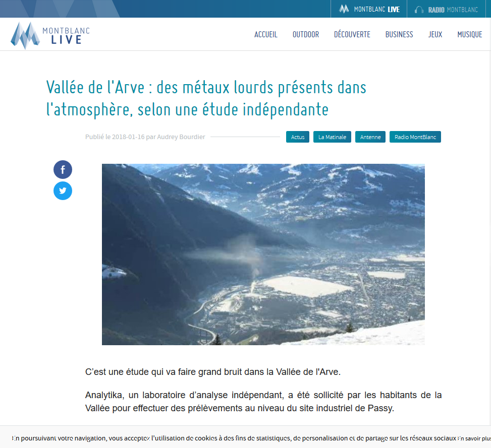 16.01.2018 > MONT-BLANC LIVE : "Vallée de l'Arve : des métaux lourds présents dans l'atmosphère, selon une étude indépendante"