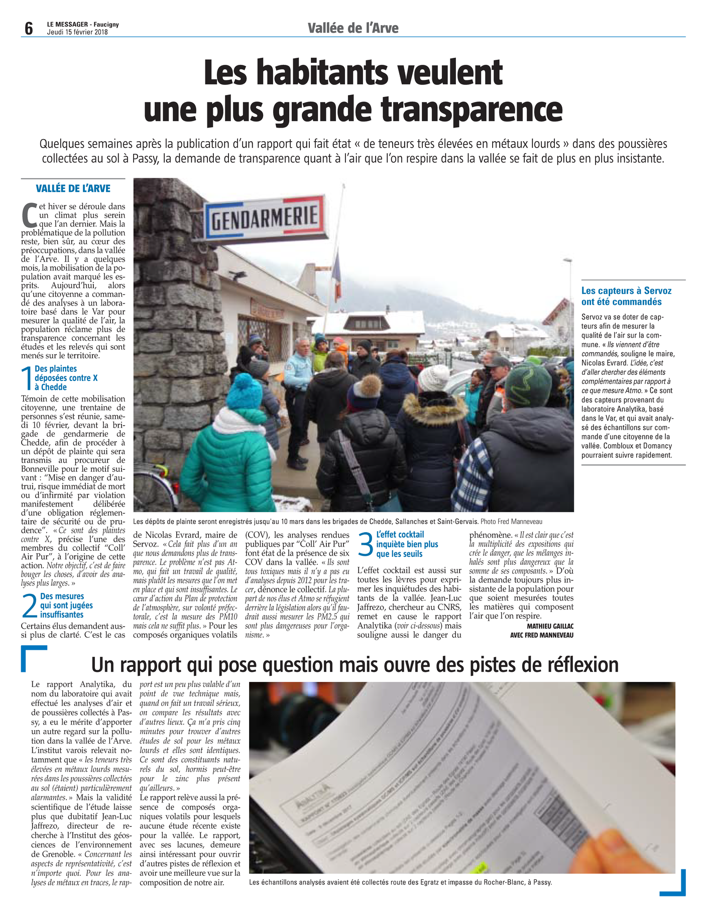 15.02.2018 > LE MESSAGER : "Vallée de l'Arve : Les habitants veulent une plus grande transparence"