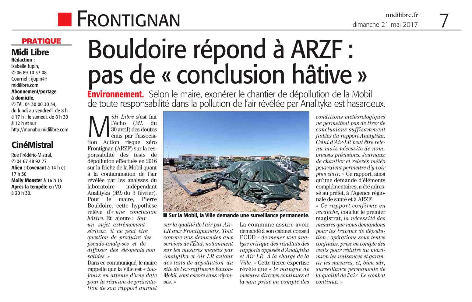 21.05.2017 > MIDI-LIBRE : "Frontignan : Pollution de l'air : Bouldoire répond à ARZF : « Pas de conclusion hâtive »"